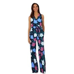 Jude Connally Vera Belted Wide Leg Faux Wrap V-Neck Jumpsuit Navy Print Small